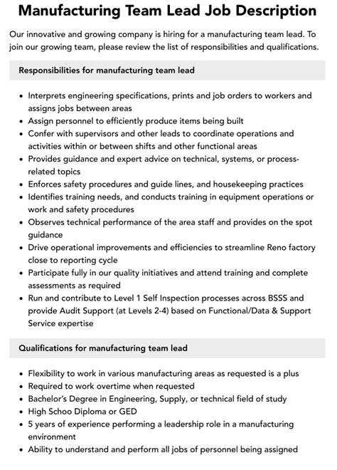 metal fabrication leads|manufacturing lead responsibilities.